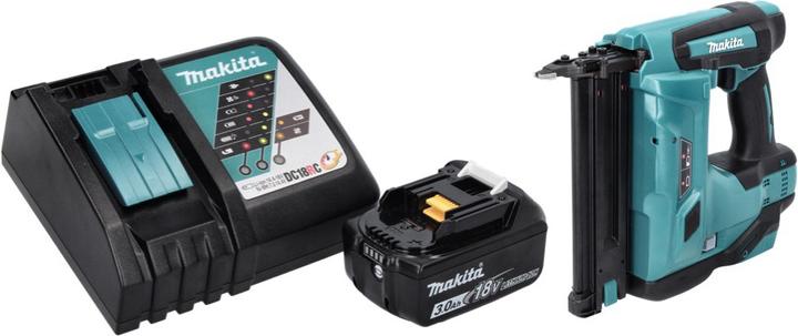 1x Makita DBN 500 cordless upright nailer, 1x Makita BL 1830 B 18 V 3.0 Ah battery, 1x Makita DC 18 RC battery charger