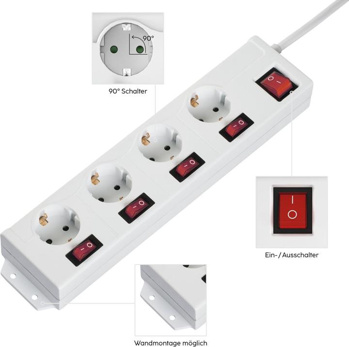 Actual product image Hama Power strip, 4-way, 90°, individually switchable, wall-mounted, 1.4 m, white (4x, 1.40 m)