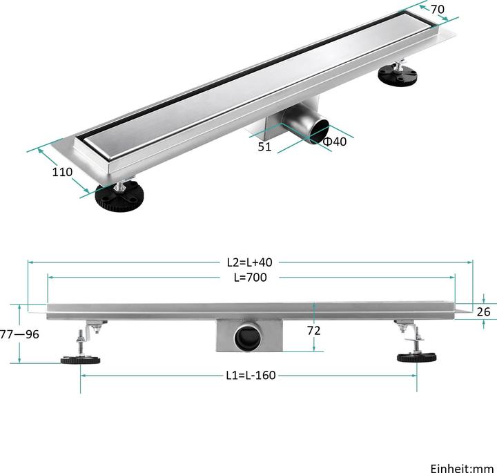 Produktbild Emke Duschrinne Edelstahl, Bodenablauf Komplettset Siphon mit Geruchsstop, Haarsieb, 700cm (700 mm)