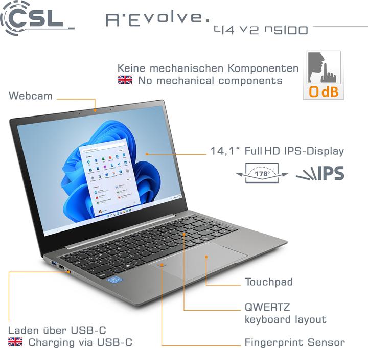 Actual product image CSL Computer Notebook R" Evolve T14 V2 35.6cm (14 inch) Full HD Intel® Celeron® N5100 16GB RAM 1TB (14", Intel Celeron N5100, 16 GB, 1000 GB, DE)