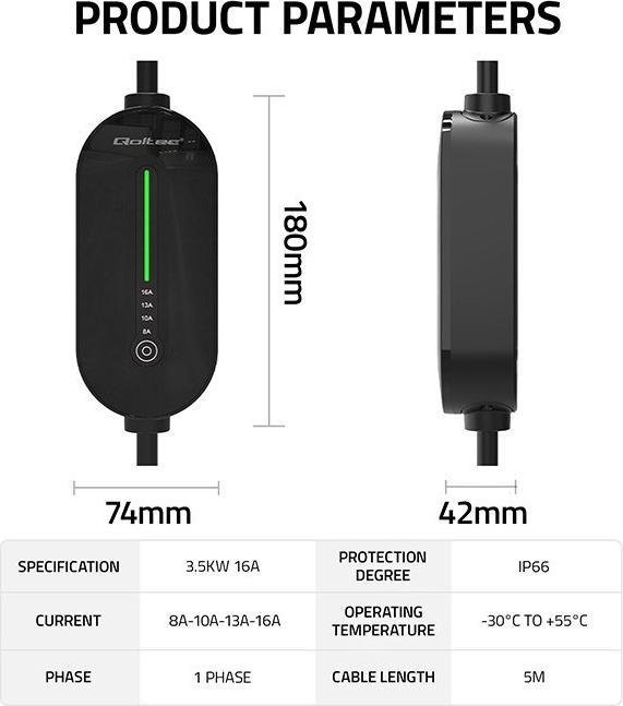 Produktbild Qoltec Mobile Ladegerät (Typ 2, 3.50 kW, 16 A)