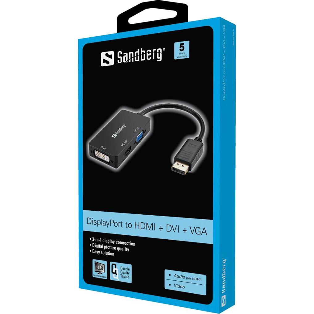 Thumbnail - Sandberg DisplayPort zu (VGA, HDMI, DVI, 19 cm), Data + Video Adapter, Schwarz