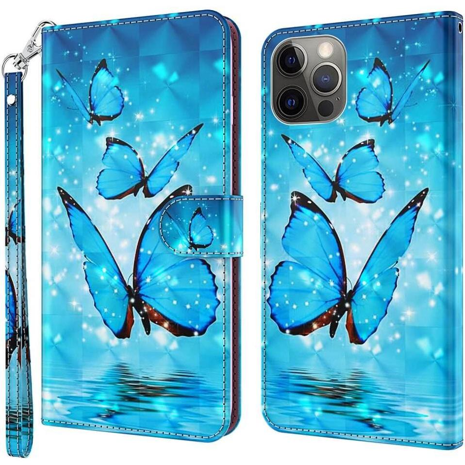 Cover-Discount iPhone 15 - Etui Glitzer Effekt Schmetterling blau (Apple iPhone 15), Smartphone Hülle, Blau