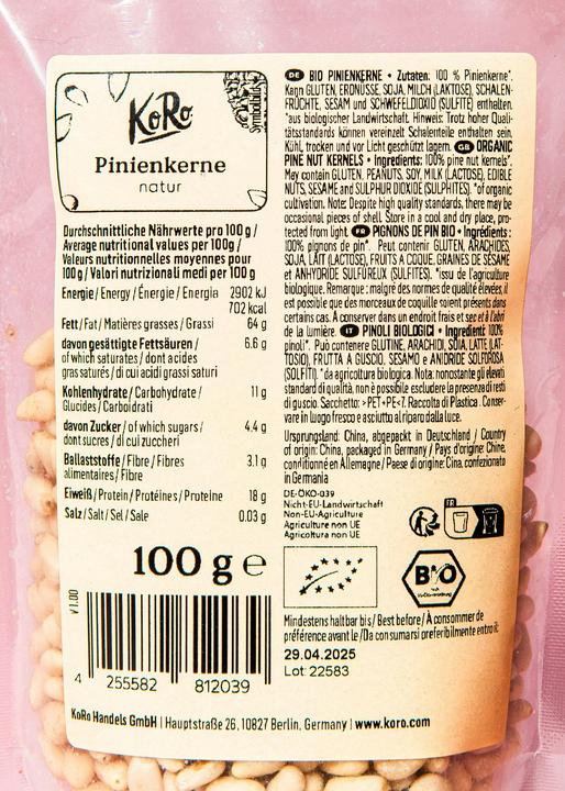 Nutritional values and ingredients KoRo Organic pine nuts (100 g)