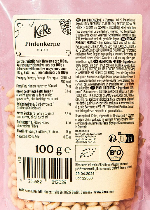 Nährwerte und Zutaten KoRo Bio Pinienkerne (100 g)