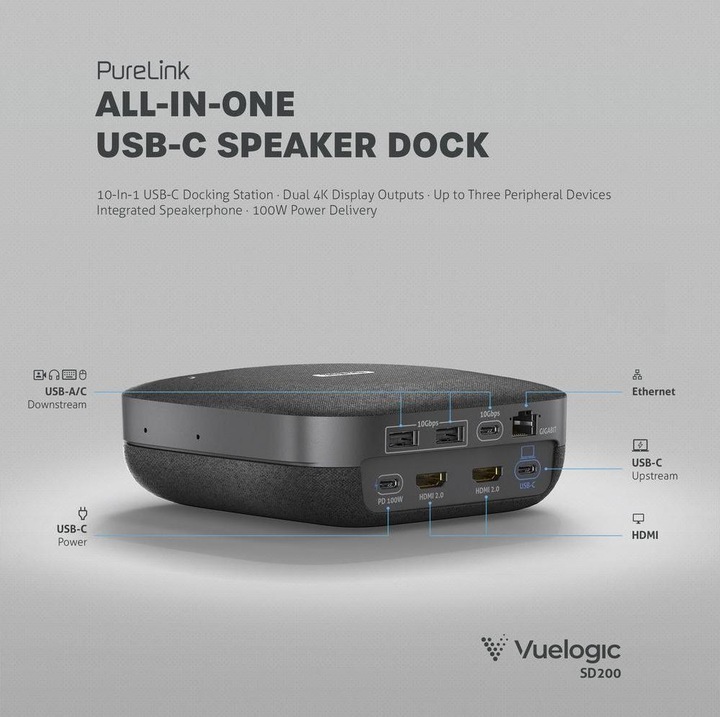 Produktbild Purelink Vuelogic - Speakerdock - SD200 - Kombination aus Lautsprecher, Mikrofon und Dockingstation - 4K-Unt (USB-C)