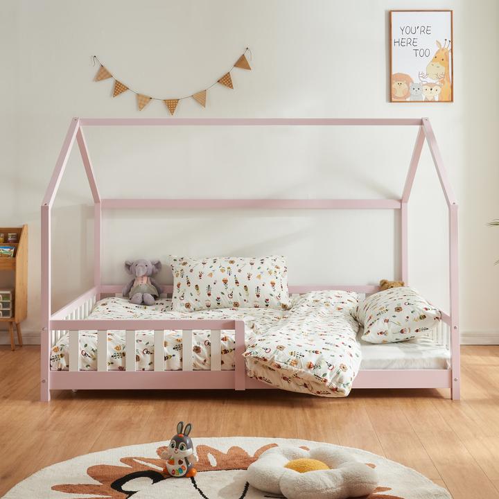Produktbild En.Casa Hausbett Hesel mit Matratze und Rausfallschutz 140x200cm Rosa (140 x 200 cm)