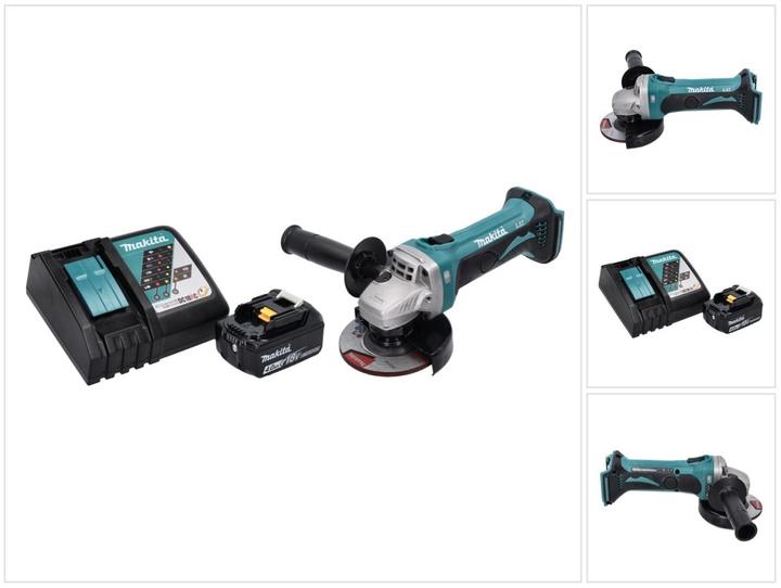 1x Makita DGA 452 Akku Winkelschleifer, 1x Schutzhaube, 1x Seitengriff, 1x Montageschlüssel, 1x Makita BL 1840 B 18 V 4,0 Ah Akku, 1x Makita DC 18 RC Ladegerät