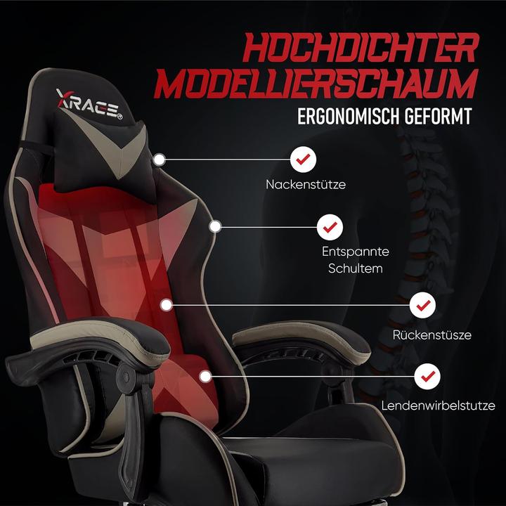 Produktbild XRace Ergonomischer Gaming-Stuhl mit Lendenwirbelstütze und Fussstütze