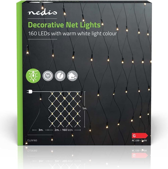 Image du produit Nedis Lampe filet décorative | Blanc chaud | 160 LEDs | 2 x 1 m | Effets de lumière : 7 | Intérieur et (2 m)