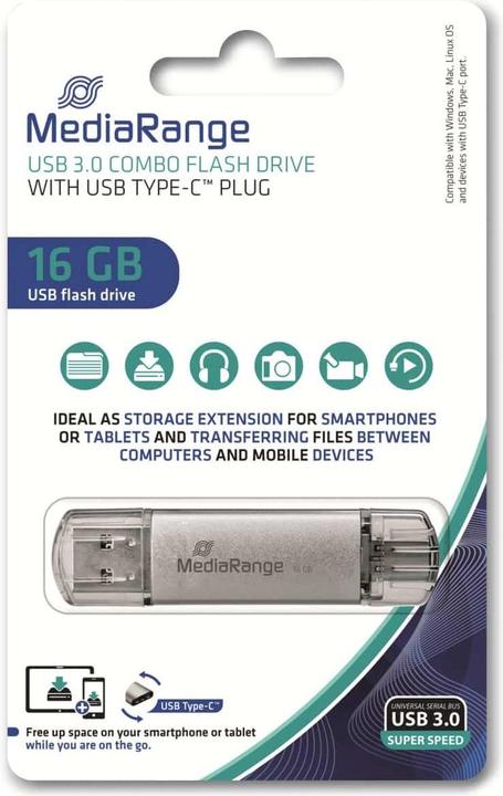 Produktbild MediaRange USB-Stick 16 GB combo mit Type-C USB-Stick 16 GB (16 GB, USB-A, USB 3.0)