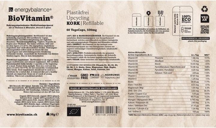Valori nutrizionali e ingredienti Energybalance Multivitaminico organico equivalente al cibo 500mg (60 Pezzo/i, Pillole, 500 g)