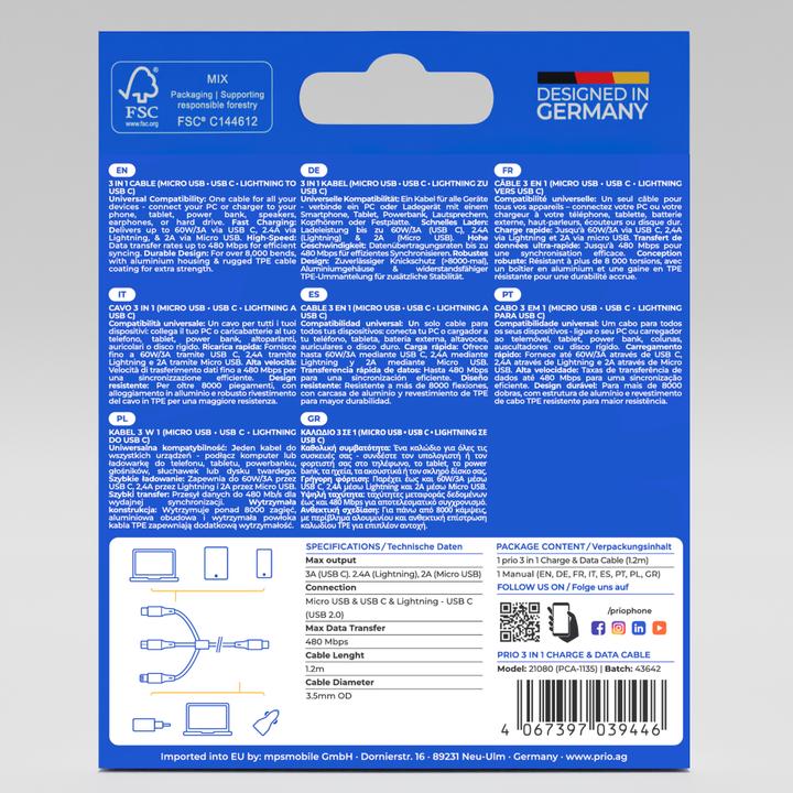 Produktbild prio 3 in 1 Ladekabel (1.20 m, USB 2.0, 60 W)