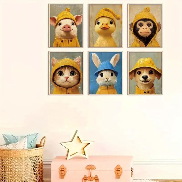Actual product image ASMI 6 Stück niedliche Tierkinder, Poster auf Leinwand im Ölgemälde-Stil ungerahmt (30 x 20 cm)