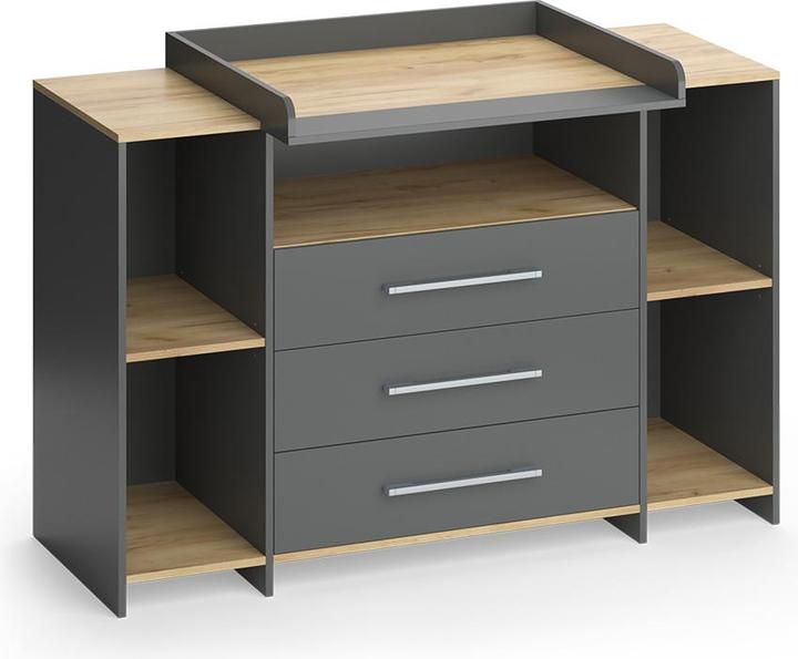 Vicco Wickelkommode Oskar, Anthrazit/Goldkraft Eiche, 143.2 x 93 cm mit 3 Schubladen