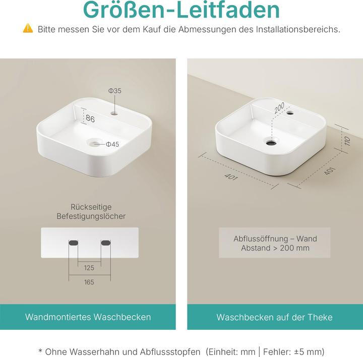 Actual product image Emke Countertop Washbasin, Ceramic, Wall-mounted/Countertop, Glossy White, with Tap Hole, 400x400x110mm (400 mm, 400 mm)