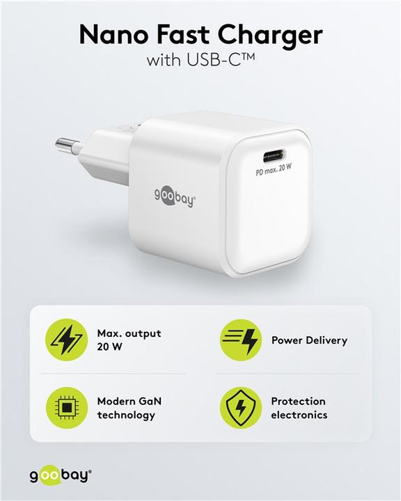 Immagine prodotto Goobay USB-C PD GaN Schnellladegerät Nano 20 W weiss (20 W, 1 porzione)