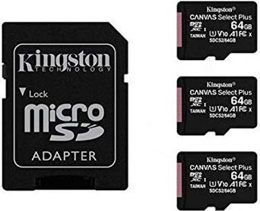 Productafbeelding Kingston Canvas Select Plus microSD 64GB Multi-Pack van 3 (64 GB, microSDXC, U1, UHS-I)