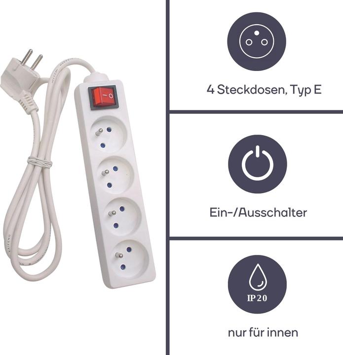 Produktbild Velleman 4-FACH-STECKDOSENLEISTE - MIT SCHALTER - KABEL: 3 m - STECKER-TYP E (FRANZÖSISCHES SYSTEM) (4x, CEE 7/5, 3 m)