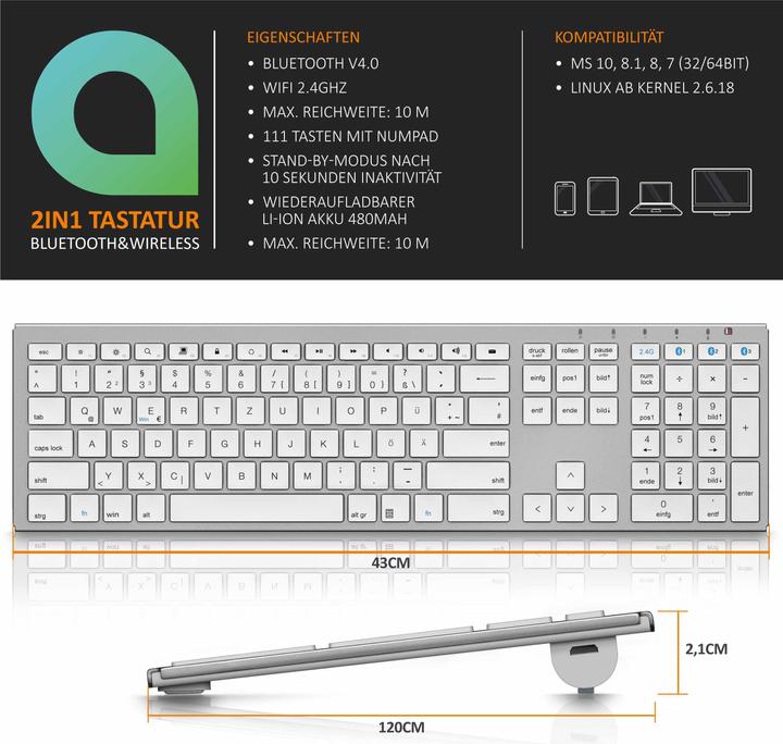 Produktbild Aplic kabellose 2,4 GHz Funk + Bluetooth Tastatur (DE, Kabellos)