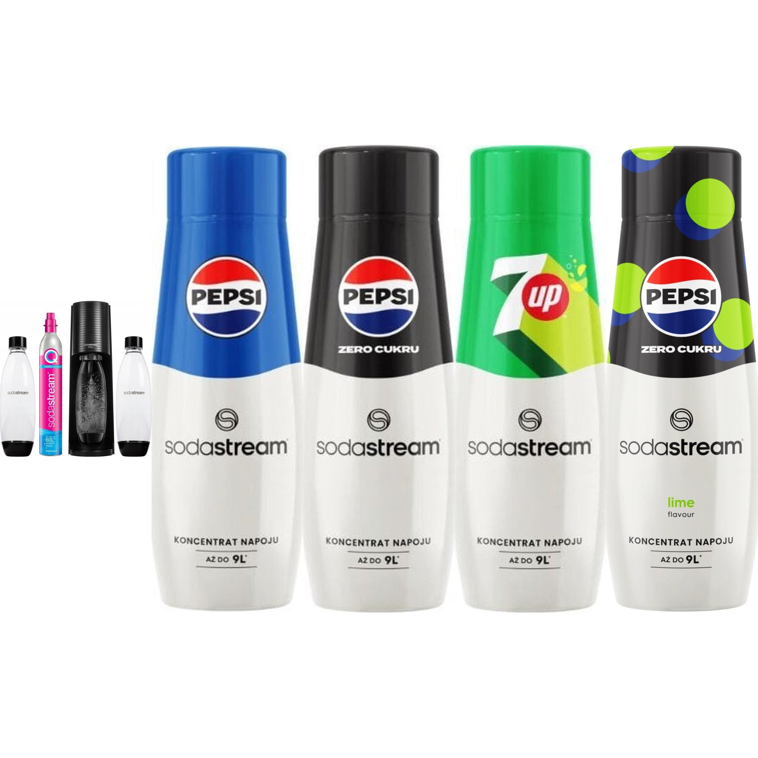 Morele Saturator Sodastream Terra + 2 butelki + gaz Czarny + syrop Pepsi, Pepsi Zero, Pepsi Lime, 7Up, Accessori per gasatore, Nero