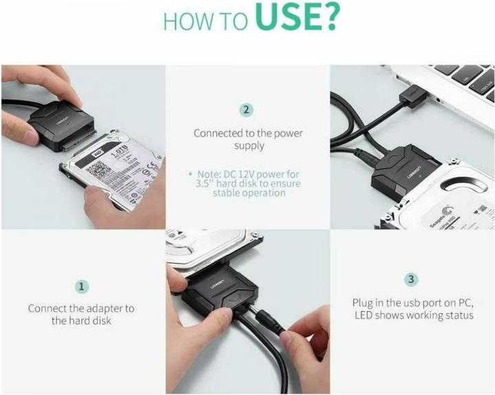 Actual product image Ugreen SATA to USB 3.0 adapter cable for SATA SSD HDD with power supply unit