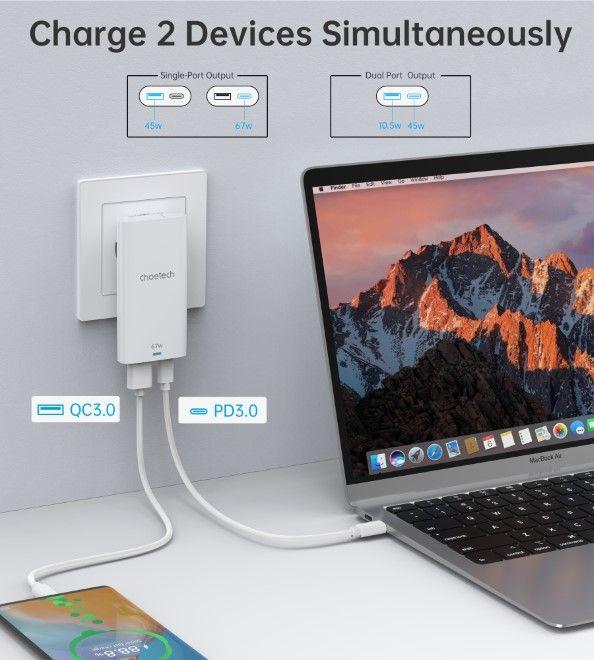 Image du produit Choetech Chargeur rapide USB-C et USB-A GaN (65 W, 2 ports)