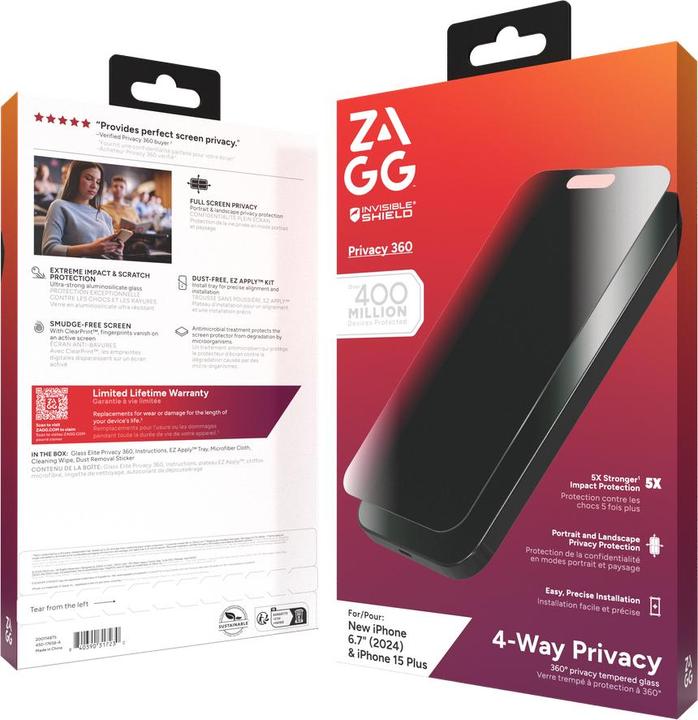 Produktbild Zagg Glass Elite Privacy 360 (1 Stück, Apple iPhone 15, Apple iPhone 16)
