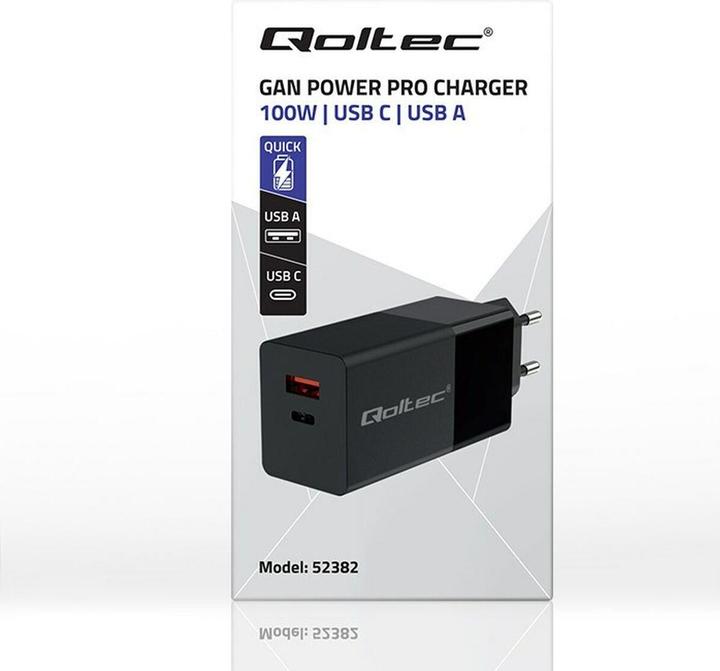 Actual product image Qoltec Ładowarka GaN POWER PRO | 1xUSB-C | 1xUSB | 100W | 5-20V | 1.5-3.35A | PD | Czarna (100 W, 2 ports)