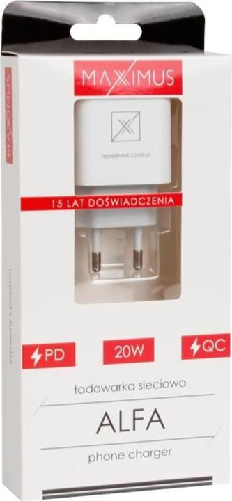 Image du produit Maxximus Chargeur de batterie MX ALFA 20W PD+QC, USB-A+C BLANC/BLANC (20 W, 2 ports)