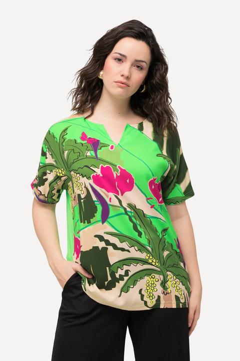 Immagine prodotto Ulla Popken T-shirt dal taglio oversize con palme, scollo a tunica e mezze maniche (46, 48)