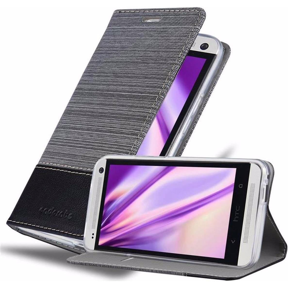 Cadorabo Book Jeans Optik Cover (HTC One M7), Smartphone Hülle, Grau