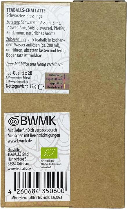 Nährwerte und Zutaten Teaballs Chai Latte Bio (70 g)