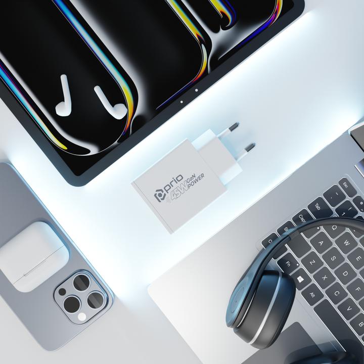 Productafbeelding prio 45W GaN Power Charger PD PPS (USB C) + QC 3.0 (USB A) weiss (45 W, 2 ports)