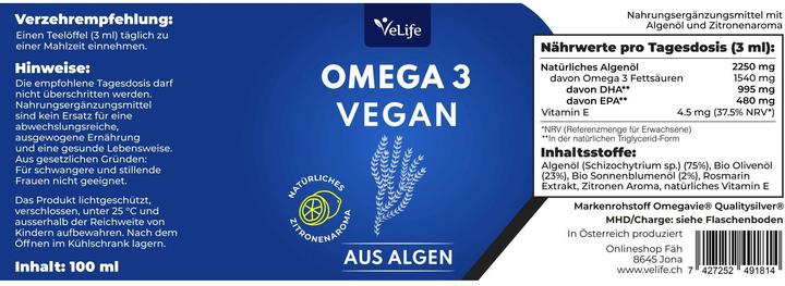 Valori nutrizionali e ingredienti VeLife Olio di alghe Omega 3 vegan 100 ml (1 pz., Liquido, 170 g)