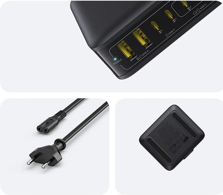 Actual product image Baseus - Wall Charger EnerFill FH21 (E0120T) - 4x Type-C, 2x USB, 120W, GaN Technology, 1.5m - Black (120 W, 6 ports)
