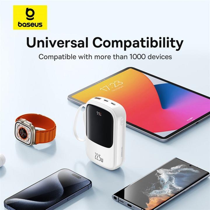 Produktbild Baseus Qpow Pro+ 20000 mAh 22,5 W Powerbank mit integriertem USB-C-Kabel und Display – Weiss (20000 mAh, 22.50 W, 74 Wh)
