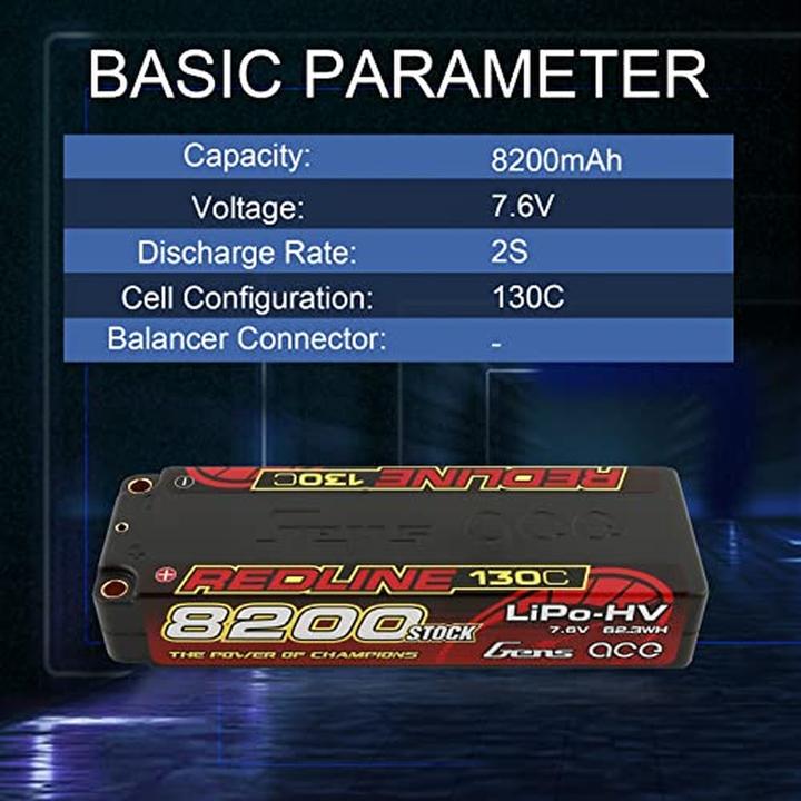 Actual product image Gens Ace RC Battery LiHV 8200 mAh 7.6 V 130C 2S1P Redline Series (7.60 V, 8200 mAh)