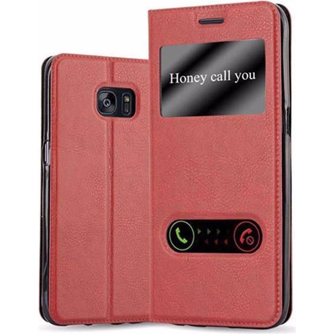 Cadorabo Book mit View Doppelfenster Cover (Samsung Galaxy S7 Edge), Smartphone Hülle, Rot