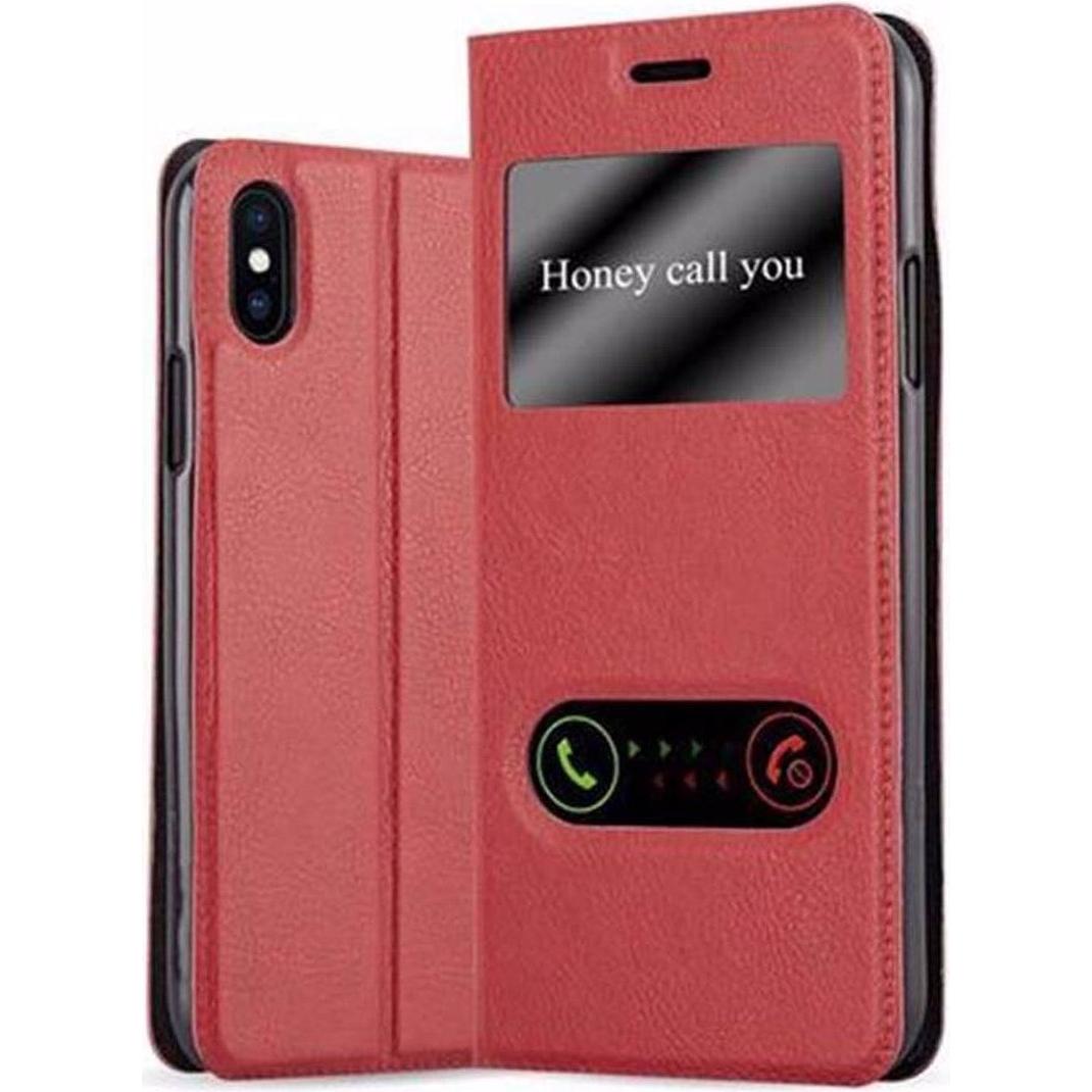 Cadorabo Book mit View Doppelfenster Cover (Apple iPhone X, Apple iPhone XS), Smartphone Hülle, Rot