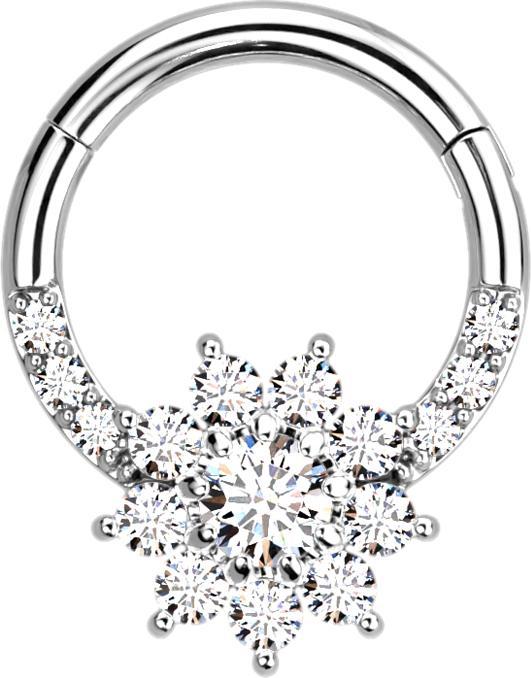 Image du produit Star Piercing Micro anneau segment pliable argent front cristaux argent et fleur (sans laiton, Acier chirurgical 316L)