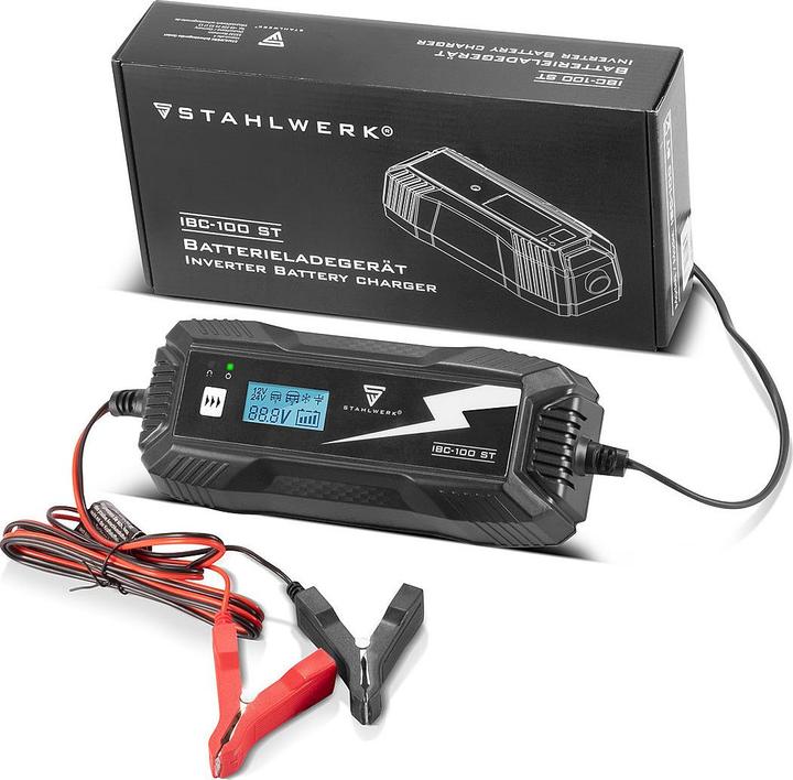 Produktbild Stahlwerk Batterieladegerät IBC-100 ST mit Mikroprozessor und 10 Lademodi (12V, 24V, 10 A)