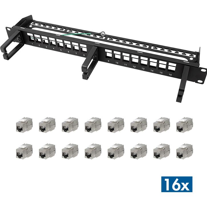 LogiLink Modulares 16-Port Cat.6A Keystone Patchpanel mit 3 Kabelbügeln, 19" Einbau, Accessori per server, Nero