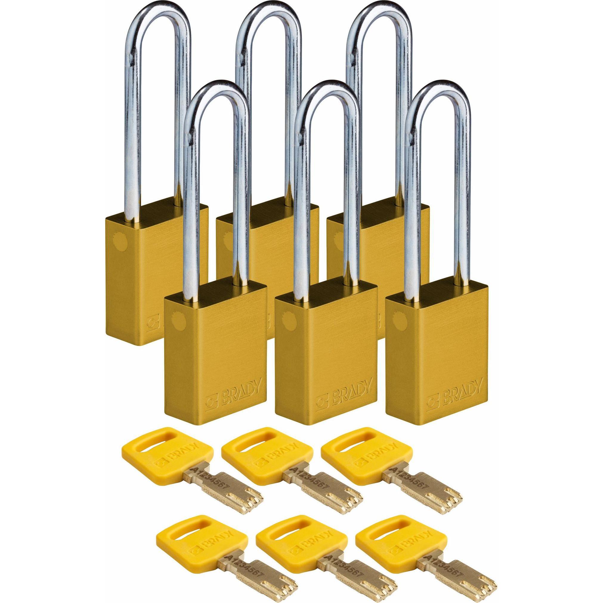 Brady, Vorhängeschloss, Safekey Aluminium-Vorhängeschloss mit Stahlbügel, Gelb, 76 mm Bügelhöhe, 6.4 mm Bügeldurchme