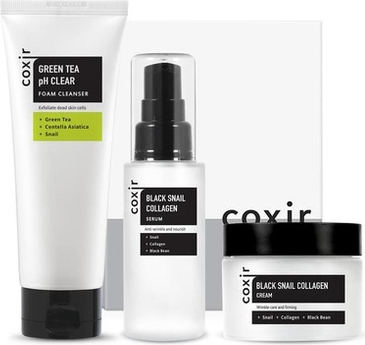 Image du produit Coxir Black Snail Gift Set Foam Cleanser Serum Cream Black Rice Bean Sesame Snail Mucin Collagen P (Kit de soins du visage)
