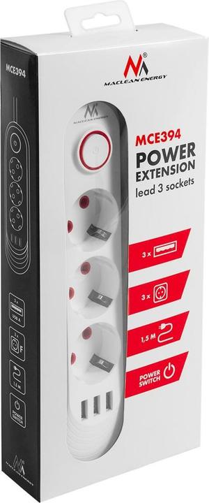 Actual product image Maclean Multiple socket outlet, extension cable with 3 sockets + 3 USB ports (3x, USB-A, 1.50 m)