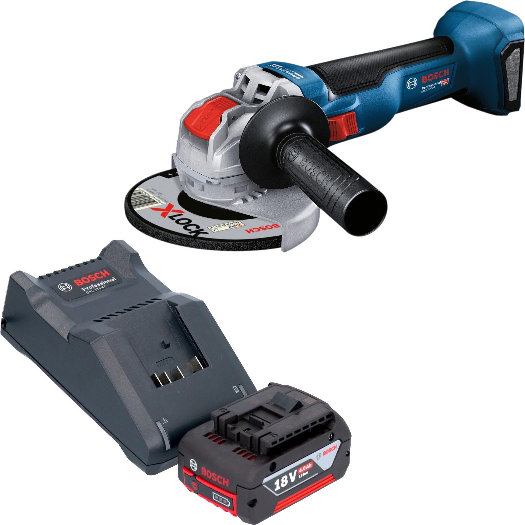 Bosch Professional, Smerigliatrice angolare, Bosch GWX 18V-10 Akku Winkelschleifer 18 V 125 mm Brushless + 1x Akku 4,0 Ah + Ladegerät (125 mm)