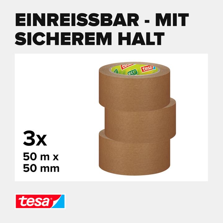 Produktbild tesa 3x tesapack PAPER STANDARD Verpackungsband - 56 % biobasiertes Material - recyclingfreundlich (50 mm)