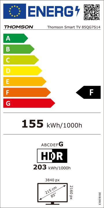 Etichetta energetica Thomson TV Set||85"|4K/Smart|QLED|3840x2160|Wireless LAN|Bluetooth|Google TV|Black|85QG7S14 (85", QLED, 4K)