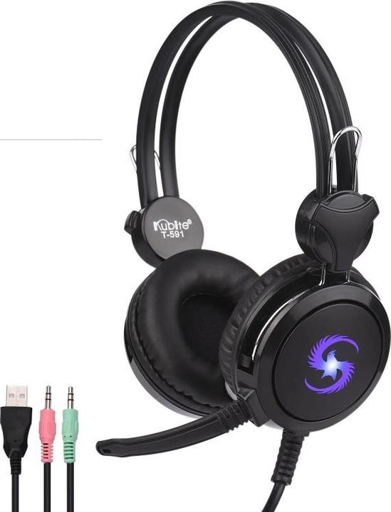 Produktbild NoName T-591 Gaming-Headset, 40 m, Treiber, 1,8 m Kabel, 2 x 3,5 mm Audio/Mikrofon + USB, Schwarz (Kabelgebunden)